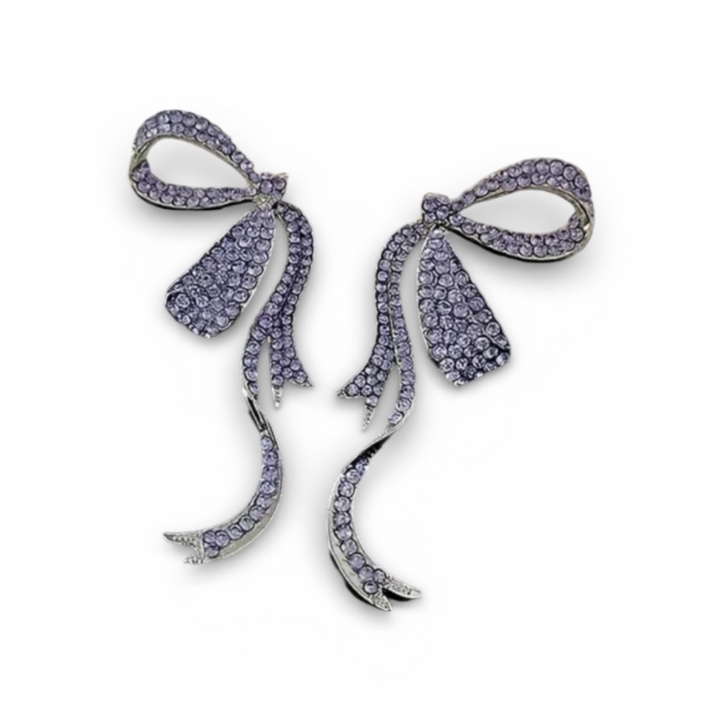 Purple Rhinestone Ribbon Bow Earrings